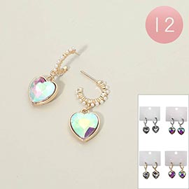 12Pairs - Faceted Heart Stone Drop Pearl Hoop Earrings