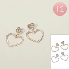 12Pairs - Rhinestone Pave Double Heart Drop Earrings