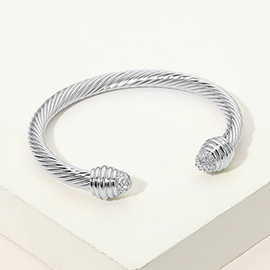 Rhodium Plated CZ Stone Pave Tip Twisted Cable Cuff Bracelet