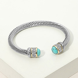 CZ Pave Stone Tip Twisted Cable Cuff Bracelet