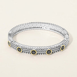 14K Gold Plated CZ Bezel Station Accent Textured Hinged Bangle Bracelet