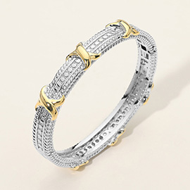 14K Gold Plated Two Tone Crisscross Accent CZ Pave Textured Hinged Bangle Bracelet