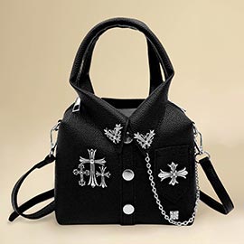 Faux Leather Studded Cross Mini Jacket Crossbody Bag