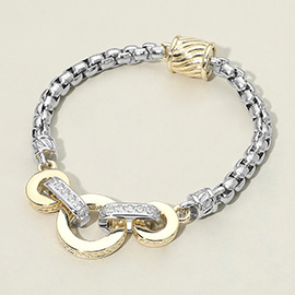 14K Gold Plated Two Tone Triple Ring CZ Pave Link Magnetic Bracelet