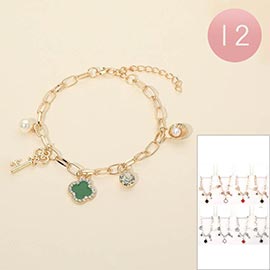 12PCS - Quatrefoil Key Pearl Shell Charm Station Paperclip Chain Bracelets