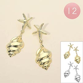 12Pairs - Metal Starfish Accent Shell Drop Earrings