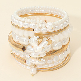 Wide Pearl Metal Beaded Adjustable Coil Bracelet