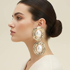 Hammered Oval Pearl Link Drop Statement Earrings