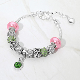 Round Stone Bezel Charm Accent Multi Beaded Bracelet