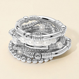 11PCS - Bold Pearl Metal Beaded Stretch Multi Layered Bracelets
