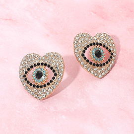 Rhinestone Pave Heart Evil Eye Earrings