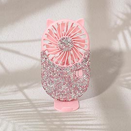 Bling Studded Cat Ear Mini Hand Held Pocket Desk Fan