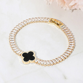 Quatrefoil Charm Accent CZ Baguette Cluster Link Bracelet