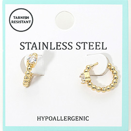 Stainless Steel Solitaire Accent Beaded Mini Huggie Hoop Earrings