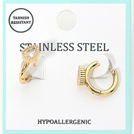 Stainless Steel Teardrop Stone Accent Mini Huggie Hoop Earrings