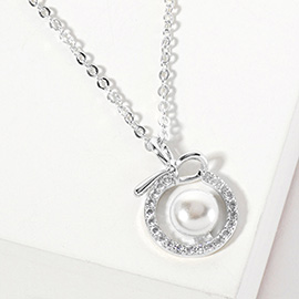 White Gold Dipped CZ Pave Halo Pearl Charm Pendant Necklace