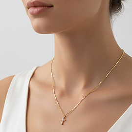 Gold Dipped CZ Stone Point Mini Cross Pendant Necklace