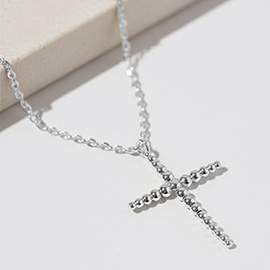 White Gold Dipped Beaded Cross Pendant Necklace