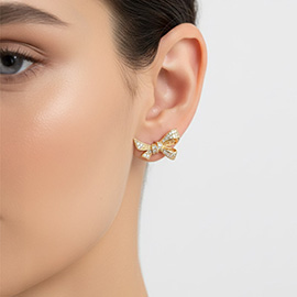 Gold Dipped CZ Pave Bow Knot Stud Earrings