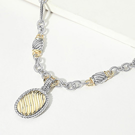 14K Gold Plated Two Tone Oval Pendant Chunky Chain Toggle Necklace