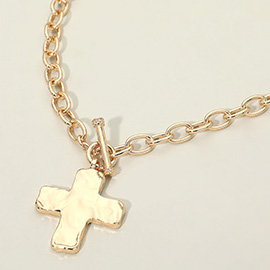 Hammered Metal Toggle Cross Charm Pendant Chunky Chain Necklace