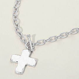 Hammered Metal Toggle Cross Charm Pendant Chunky Chain Necklace