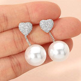 CZ Pave Heart Accent Pearl Drop Earrings