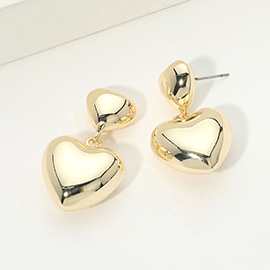14K Gold Plated Double Puffy Heart Drop Earrings