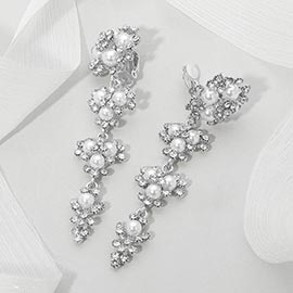 Floral Pearl Rhinestone Cluster Drop Evening Clip On Earrings