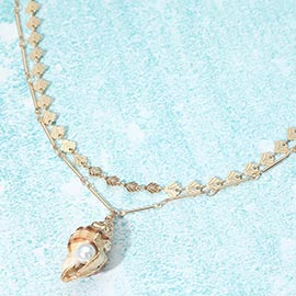 Pearl Accent Shell Pendant Layered Chain Necklace