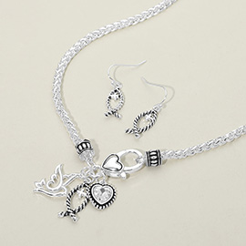 Antique Metal Cross Ichthys Fish Dove Heart Stone Charm Pendant Necklace