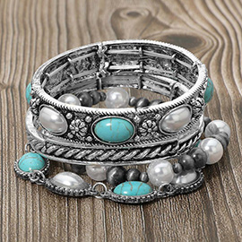 4PCS - Boho Oval Round Stone Embellished Stretch Multi Layered Bracelets