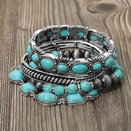 4PCS - Boho Oval Square Stone Embellished Stretch Multi Layered Bracelets