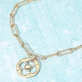 Heart Accent Clover Cutout Medallion Pendant Paperclip Chain Necklace
