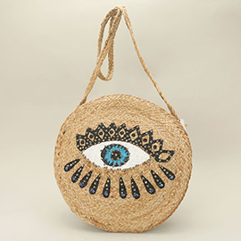 Evil Eye Accent Round Raffia Braided Crossbody Bag