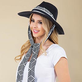 Geometric Pattern Scarf Band Woven Fedora Sun Hat