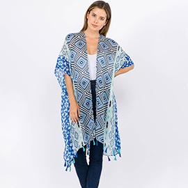 Tassel Embroidery Geometric Pattern Kimono Poncho