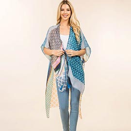 Geometric Patchwork Pattern Open Front Long Kimono Poncho