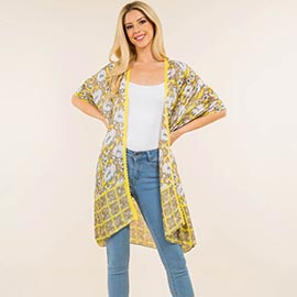 Floral Pattern Open Front Long Kimono Poncho