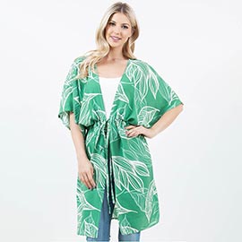 Leaf Print Drawstring Kimono Wrap Poncho