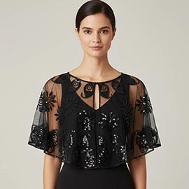 Floral Sequin Embellished Sheer Cape Shawl Top